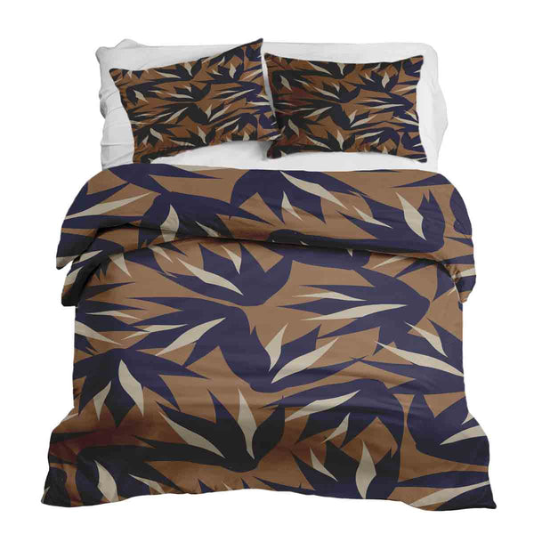 Therapy blanket and bedding set, brown with blue leaves.
