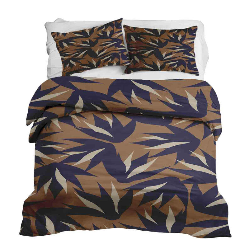 Therapy blanket and bedding set, brown with blue leaves.