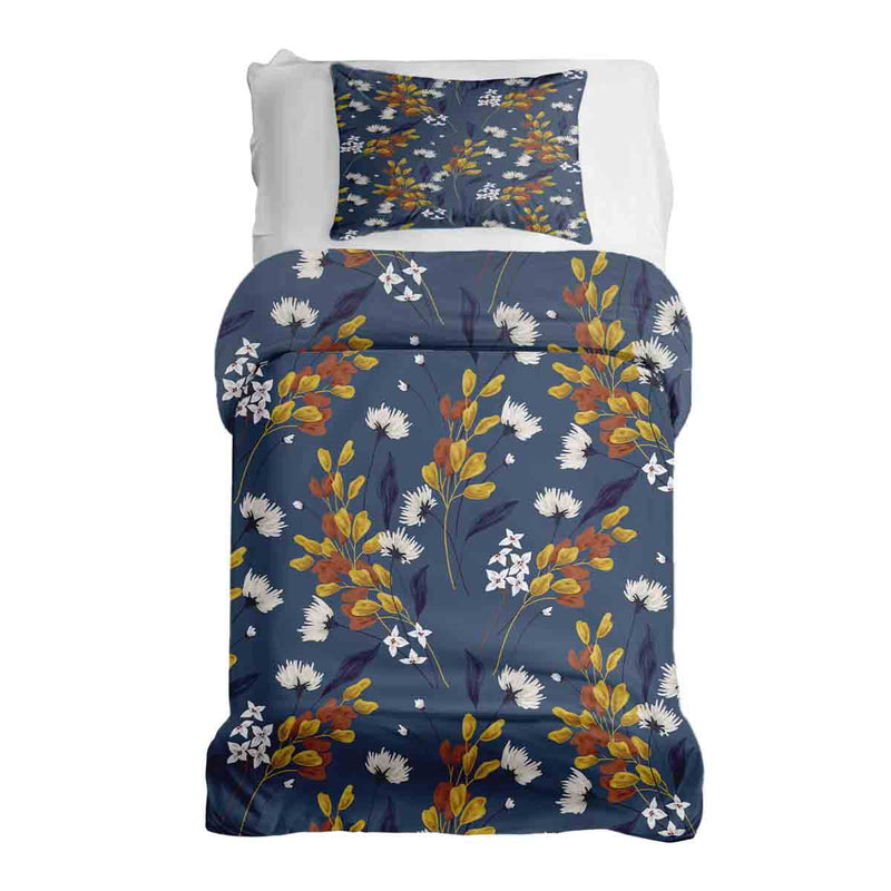 Therapy blanket and bedding set, blue with bouquet of flowers.