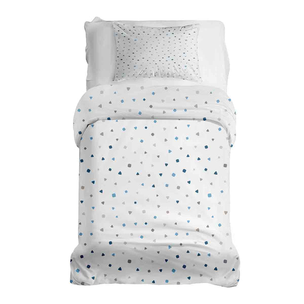 Therapy blanket and bedding set, white with small blue shapes.