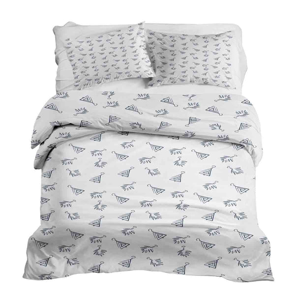 Therapy blanket bedding set, white, with boho earrings.