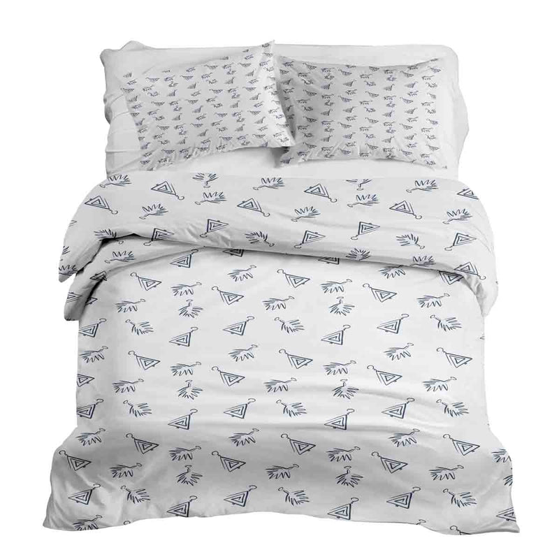 Therapy blanket bedding set, white, with boho earrings.