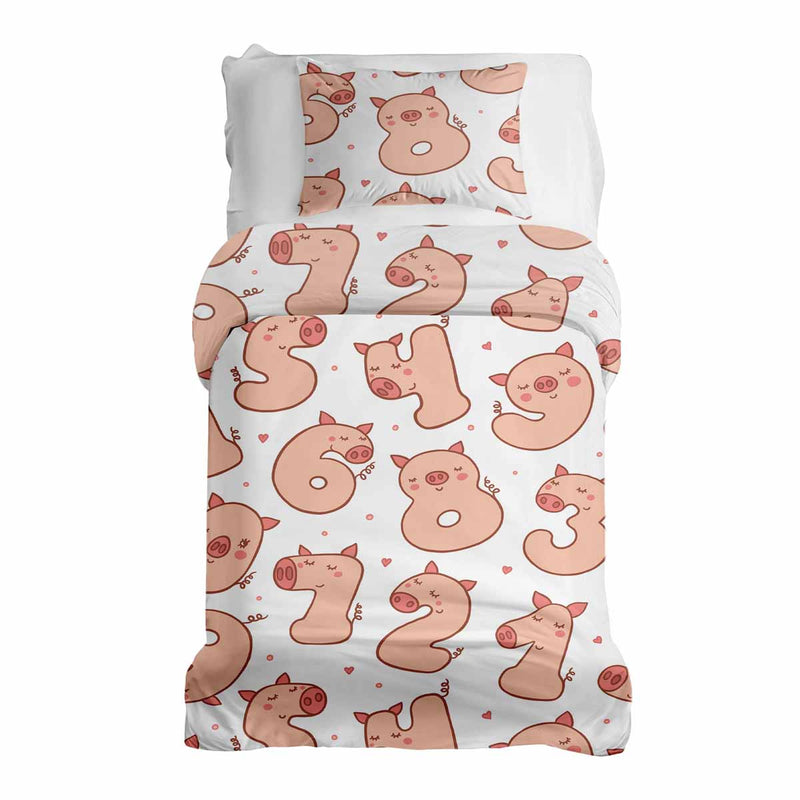 Therapy blanket and bedding set, white with numbers and pigs.