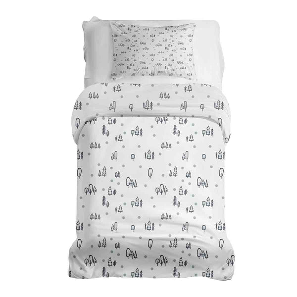 Therapy blanket and bedding set, white with dots and trees.