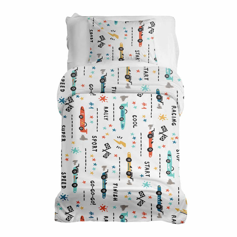 Therapy blankets and bedding set, white with racing cars.