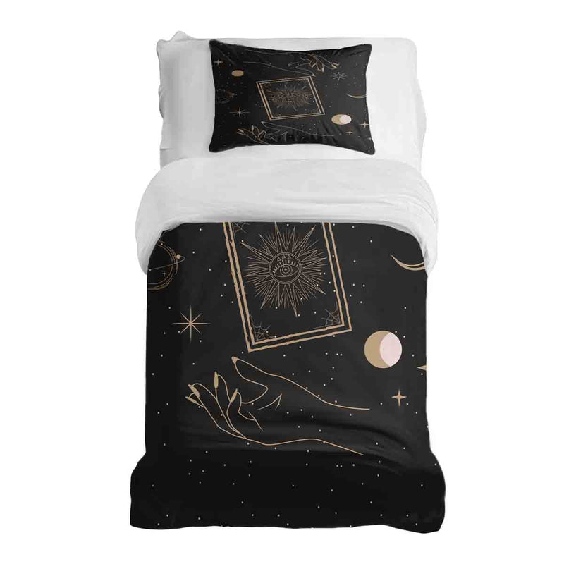 Set di biancheria da letto con coperta terapeutica nera con sole, luna e stelle
