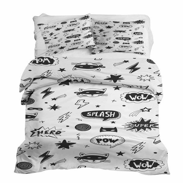 Therapy blanket bedding set, white with superheroes.