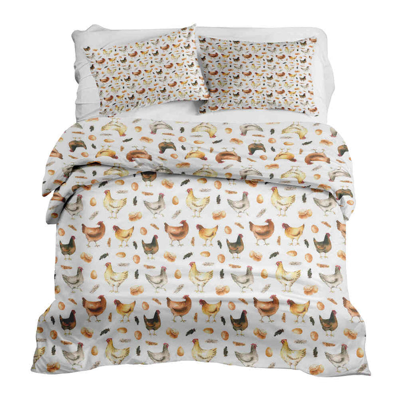 Therapy blanket bedding set, white with chickens.