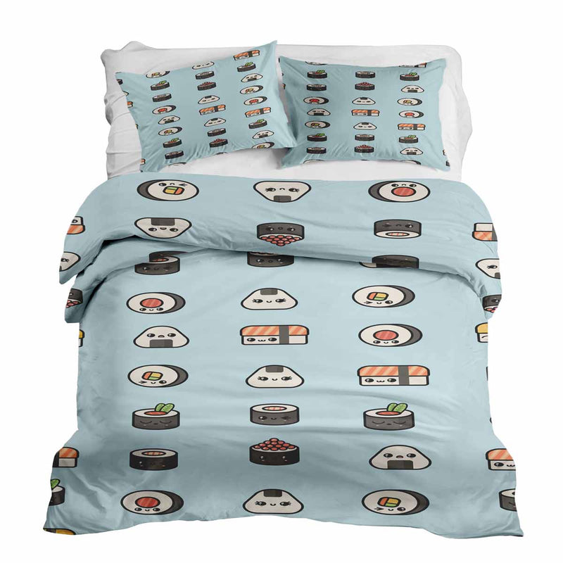 Therapy blanket and bedding set, light blue with sushi.