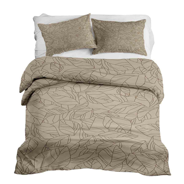 Therapy blanket bedding set, beige with black leaf pattern.