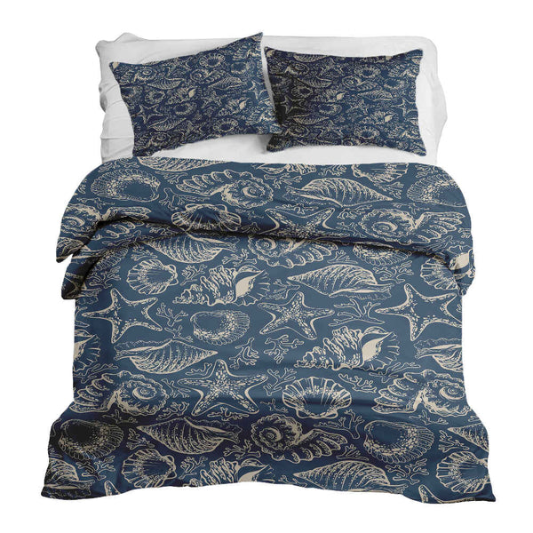 Therapy blanket and bedding set, blue with shells.