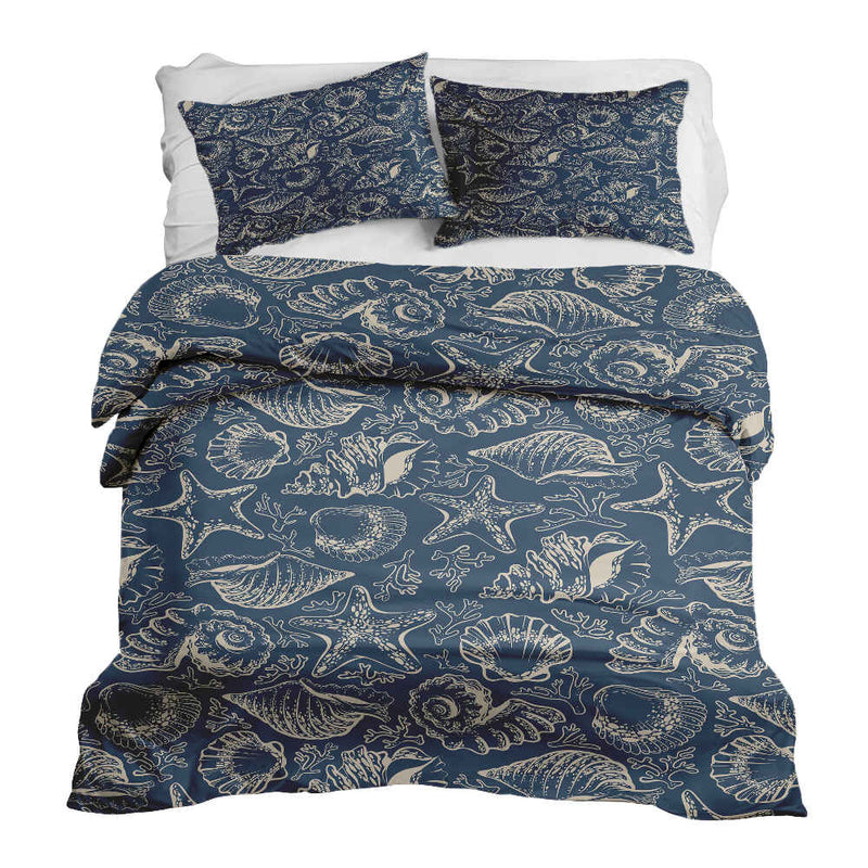 Therapy blanket and bedding set, blue with shells.