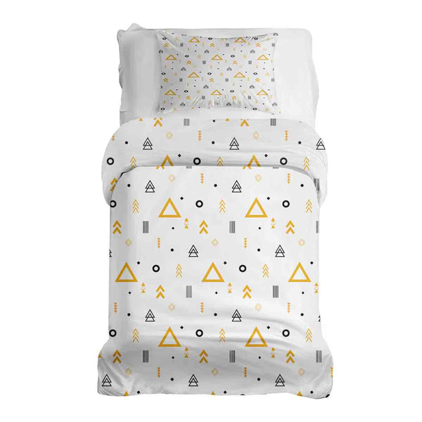 Therapy blanket and bedding set, white with yellow triangles.