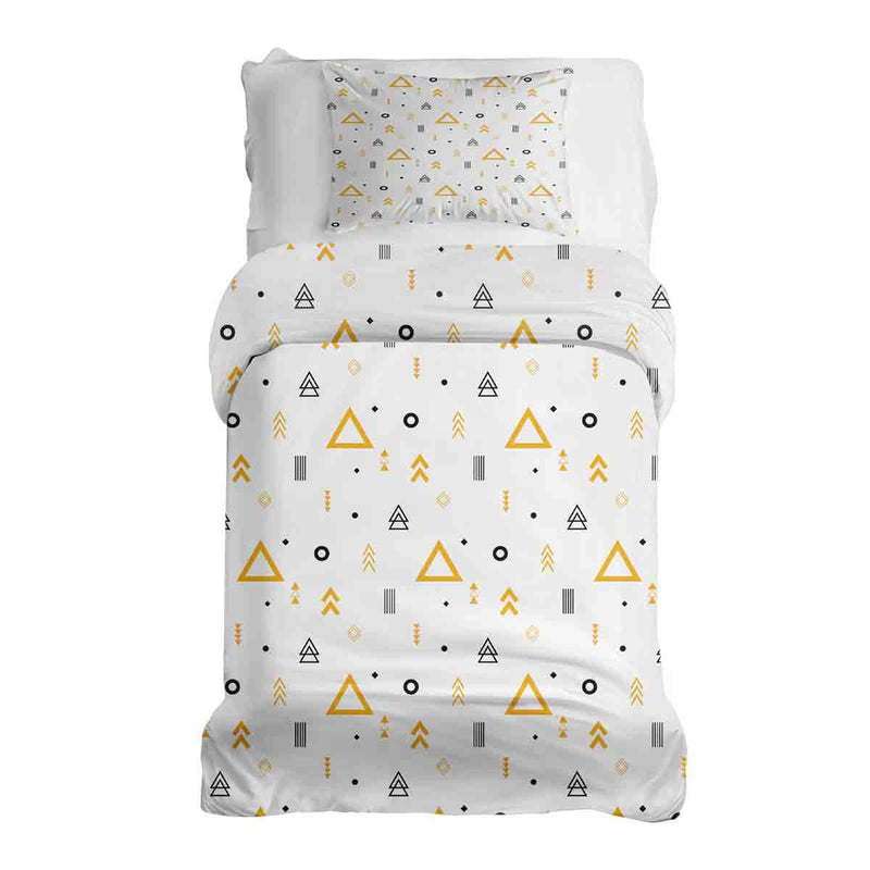 Therapy blanket and bedding set, white with yellow triangles.
