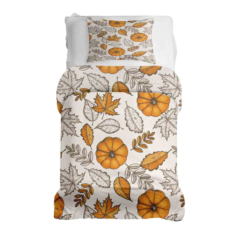 Therapy blanket bedding set, white with leaf and pumpkin pattern.