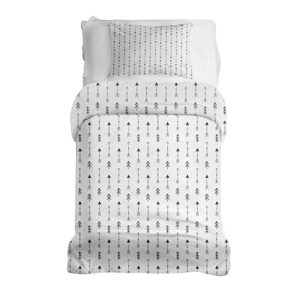 Therapy blanket and bedding set, white with many black arrows.
