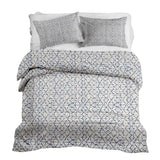 Therapy blanket and bedding set, white with delicate blue shapes.