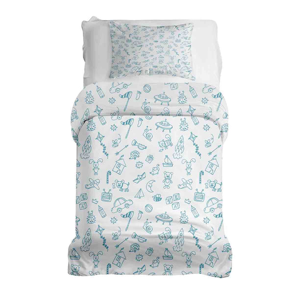 Therapy blanket and bedding set, white, with toys.