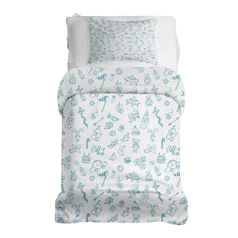 Therapy blanket and bedding set, white, with toys.