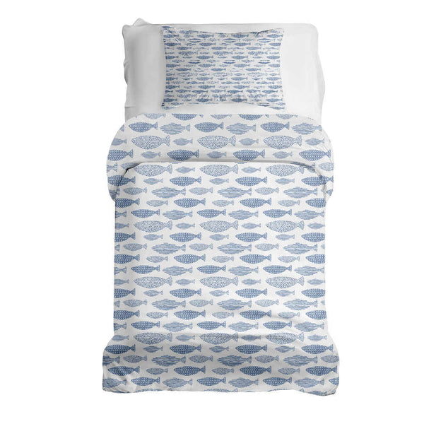 Therapy blanket and bedding set, blue fish design.