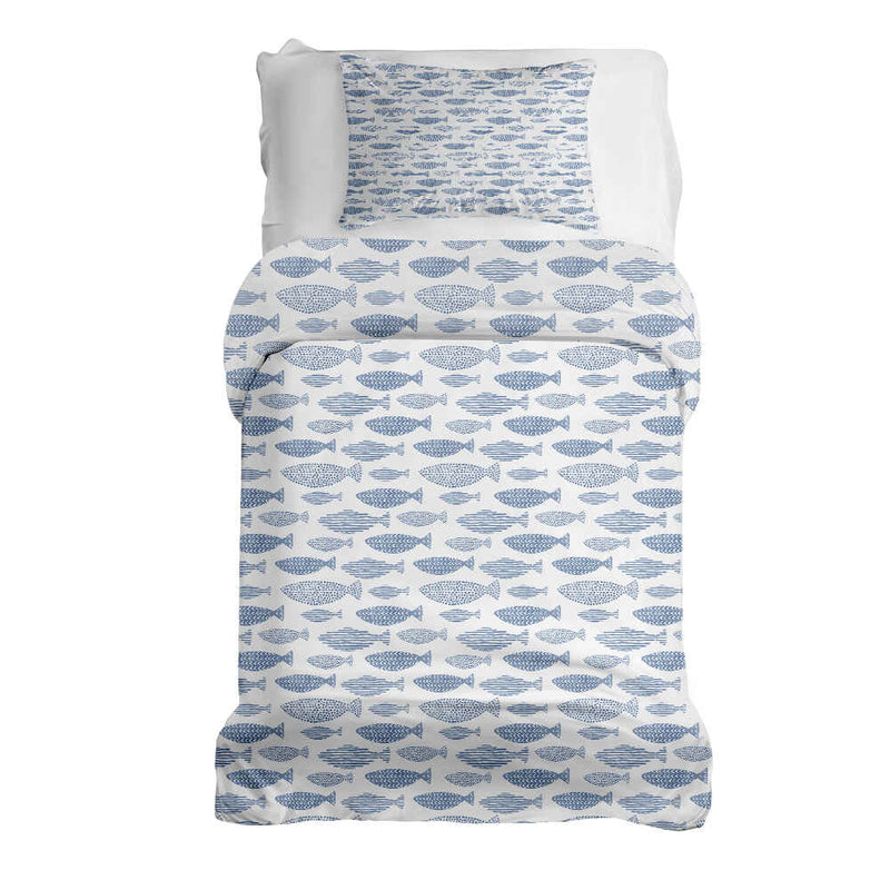 Therapy blanket and bedding set, blue fish design.