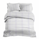 Therapy blanket bedding set, white with purple stripes.