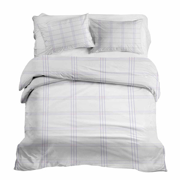 Therapy blanket bedding set, white with purple stripes.