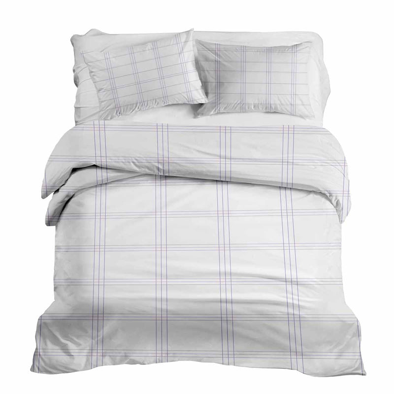 Therapy blanket bedding set, white with purple stripes.