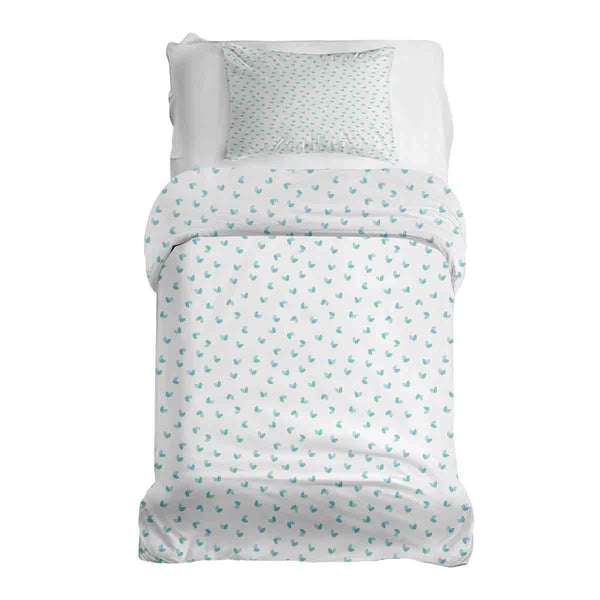 Therapy blanket and bedding set, white with blue hearts.