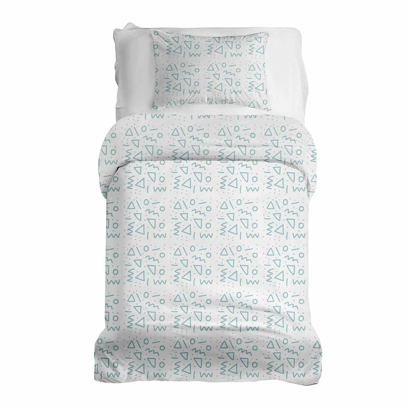 Therapy blanket and bedding set, white with blue shapes.