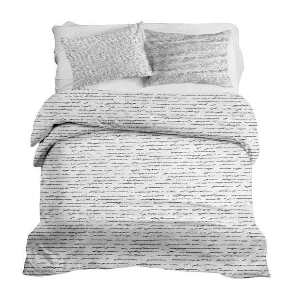 Therapy blanket and bedding set, white with lettering.