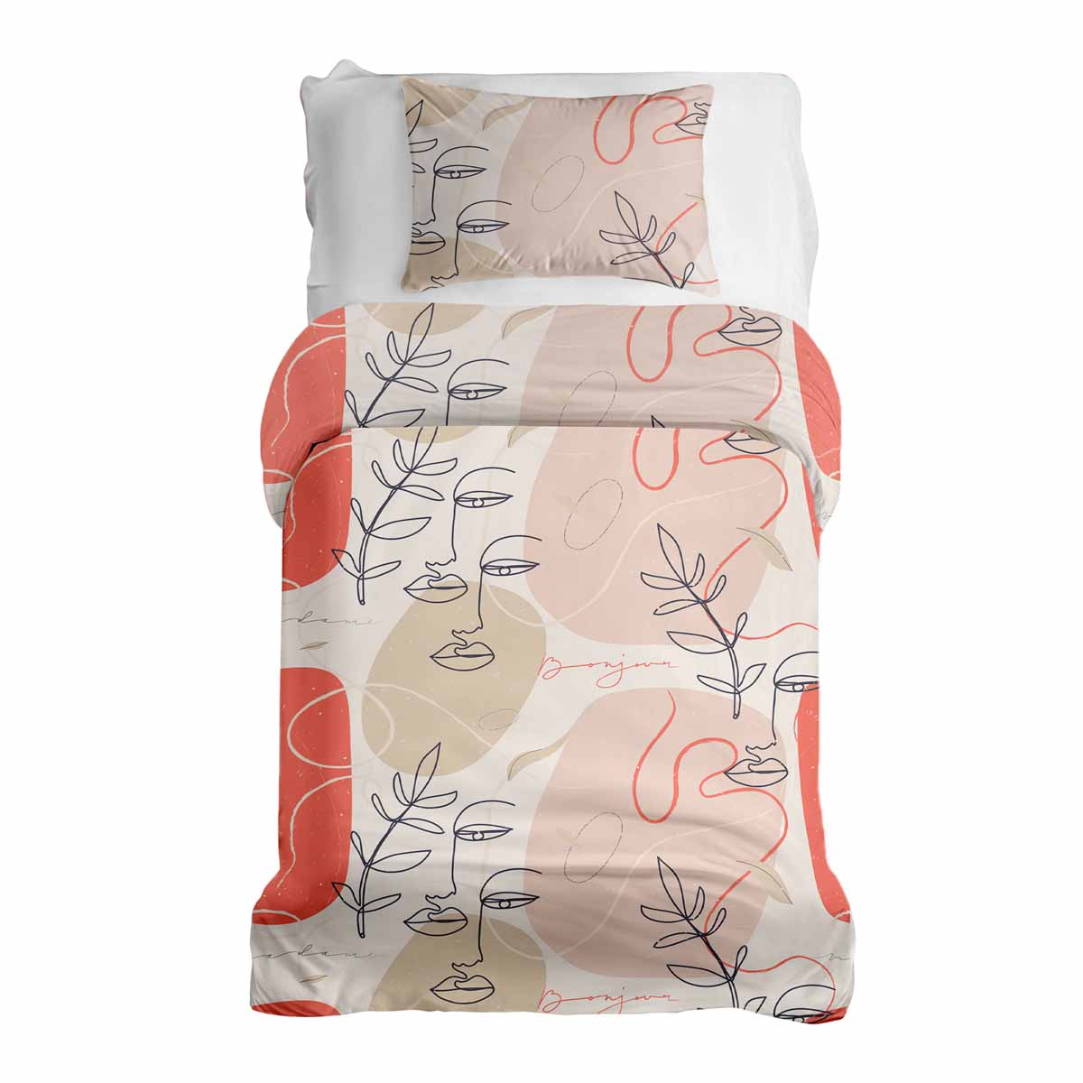 Set de ropa de cama con manta terapéutica beige con rostro abstracto