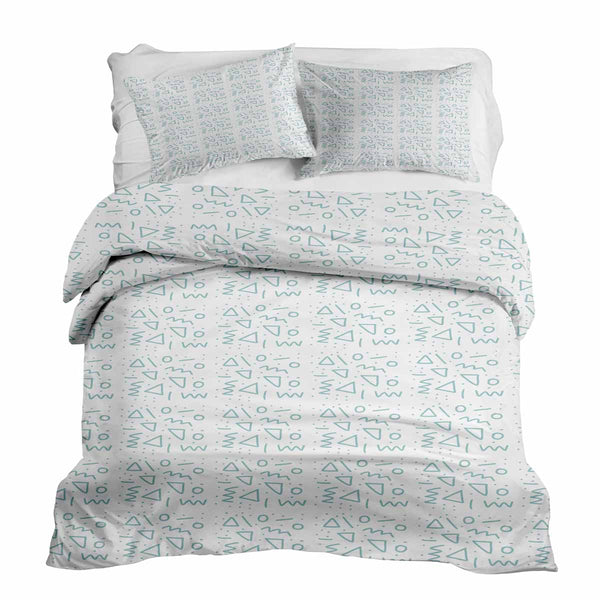Therapy blanket and bedding set, white with blue shapes.