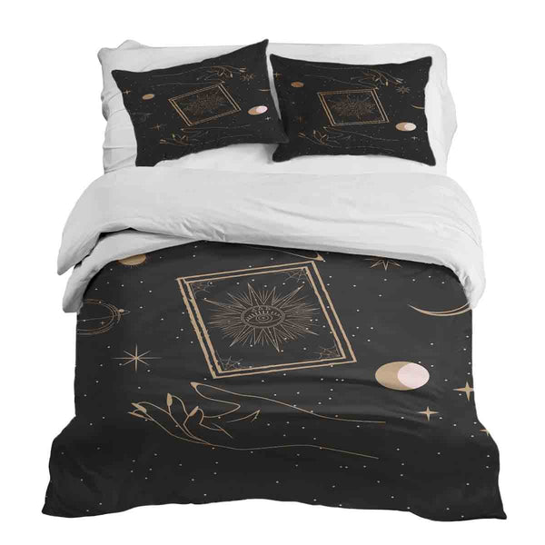 Set di biancheria da letto con coperta terapeutica nera con sole, luna e stelle