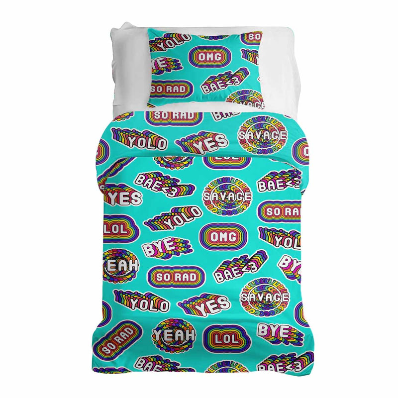 Set de ropa de cama con mantas terapéuticas turquesa con frases