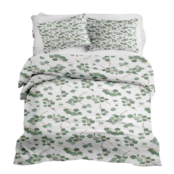Therapy blanket bedding set, white with eucalyptus branches.