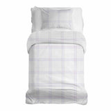 Therapy blanket bedding set, white with purple stripes.