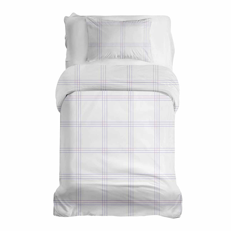 Therapy blanket bedding set, white with purple stripes.