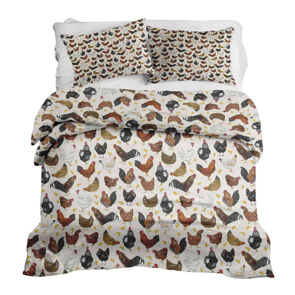 Therapy blanket bedding set, white with many chickens.