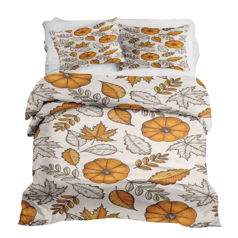 Therapy blanket bedding set, white with leaf and pumpkin pattern.