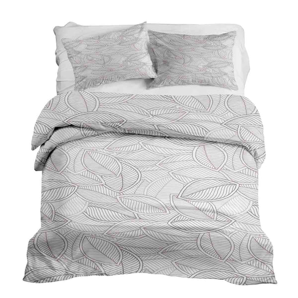Set de ropa de cama con mantas terapéuticas y hojas de palma grises