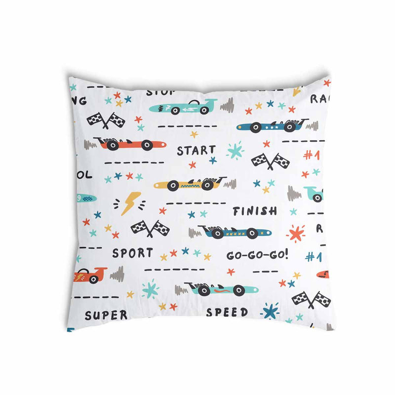 White health pillow with racing cars