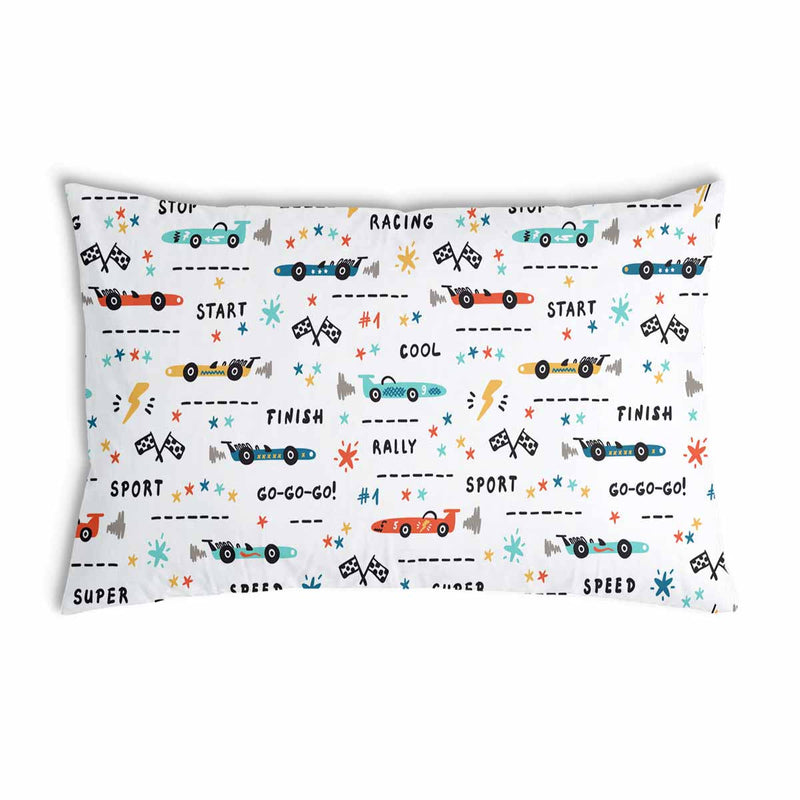 White health pillow with racing cars