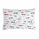 White health pillow with racing cars