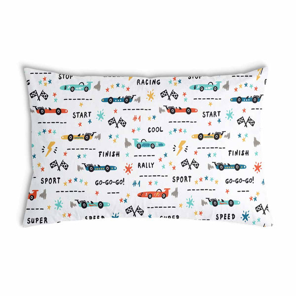 White health pillow with racing cars