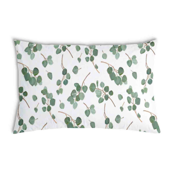 White health pillow with eucalyptus branches