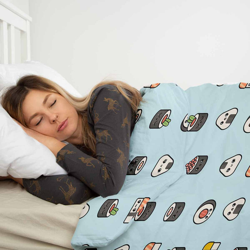 Therapy blanket and bedding set, light blue with sushi.