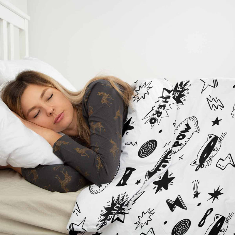 Therapy blanket bedding set, white with superheroes.