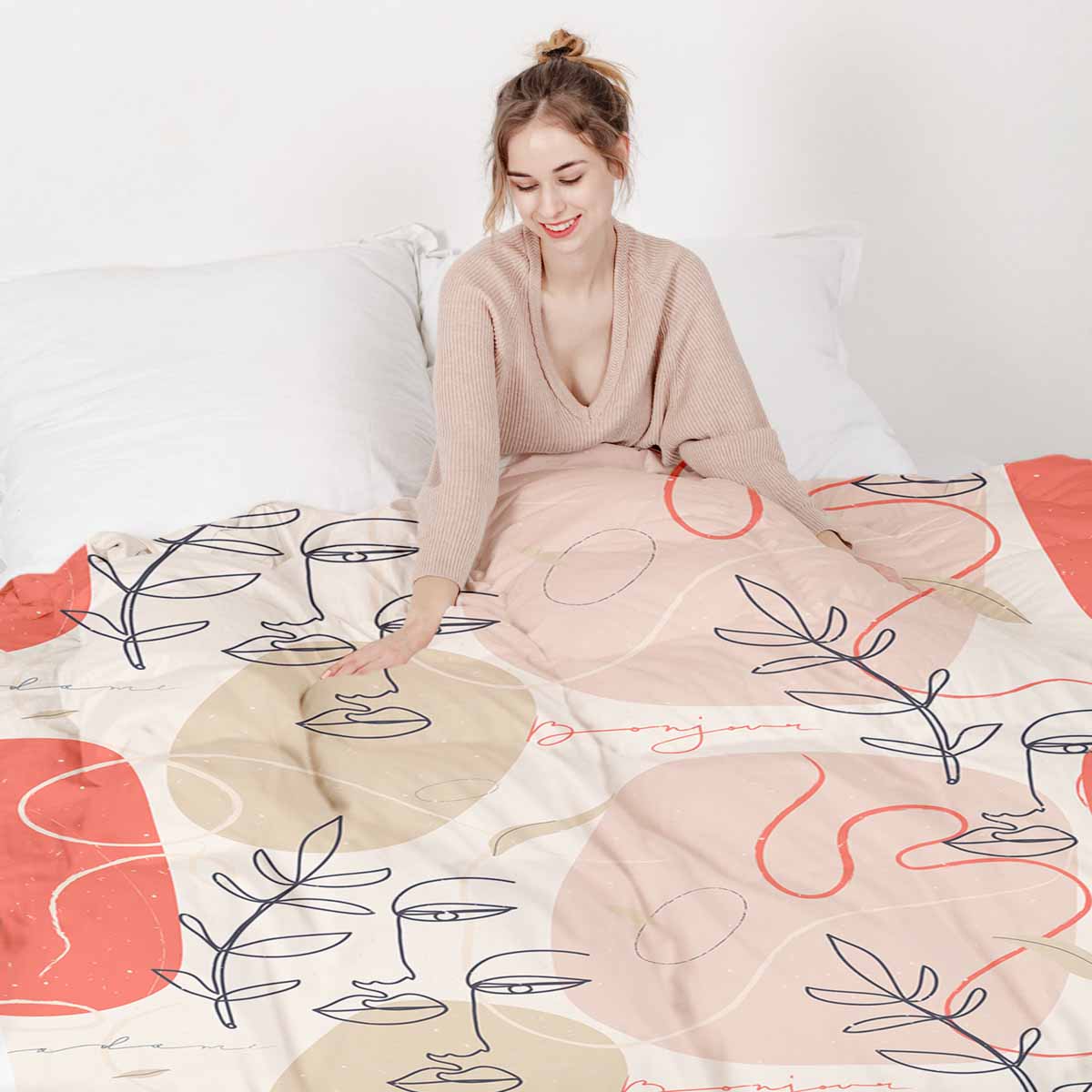 Set de ropa de cama con manta terapéutica beige con rostro abstracto