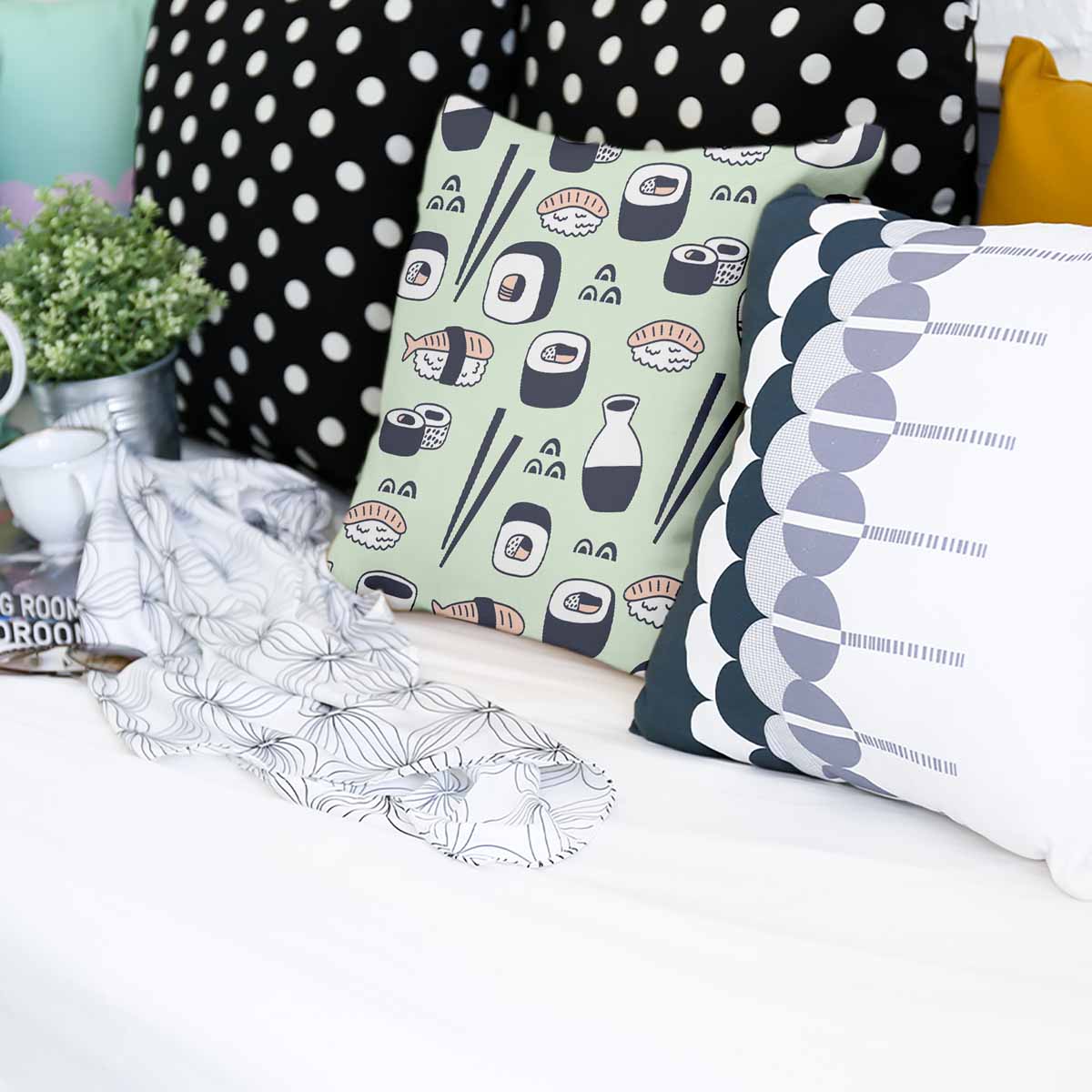 Almohada de salud verde claro con sushi